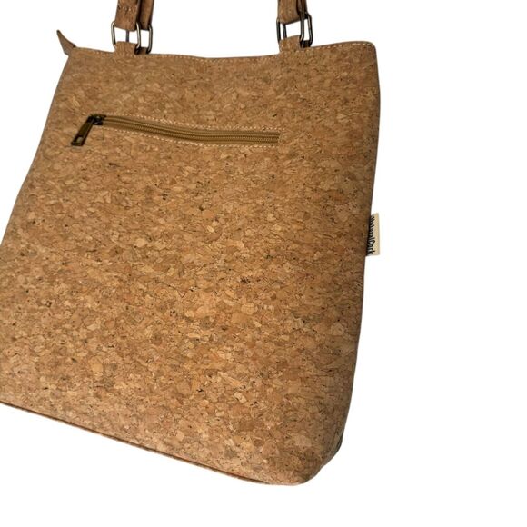 Natural Cork Shoulder Tote Bag With Tropical Leaf Print & Zipper Pockets - Picture 6 of 12